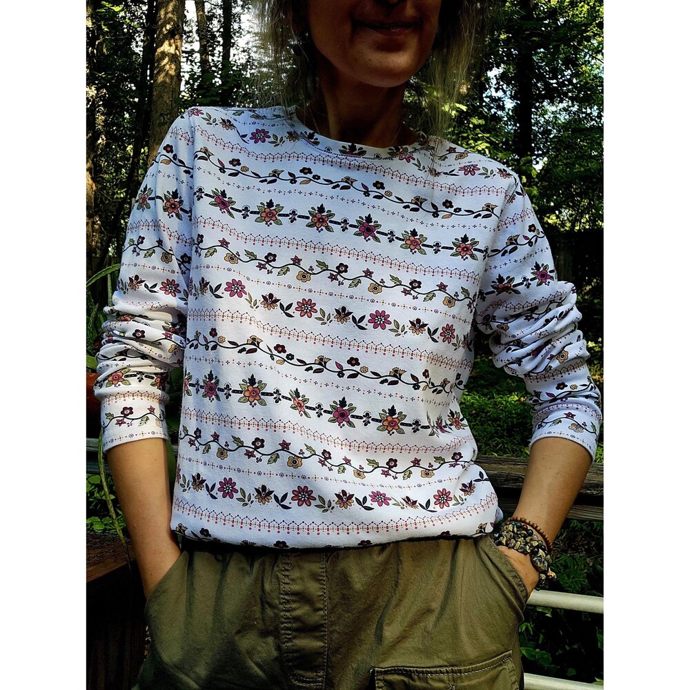 Vintage Floral Cotton Top - 90s Cottagecore Flower Pullover Long Sleeve Top M L